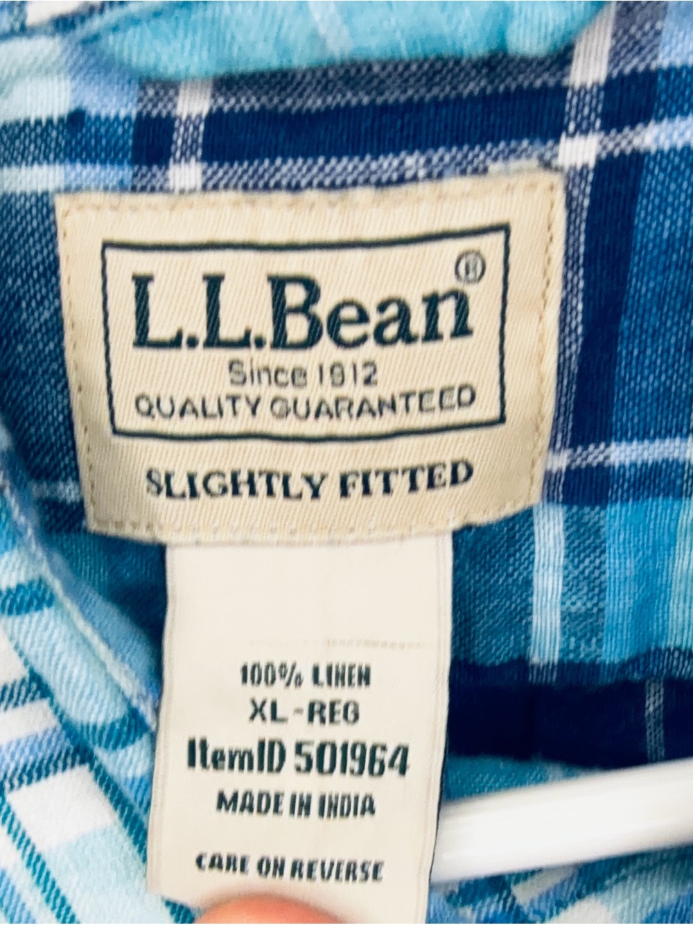 L.L. Bean Men’s Light and Navy Blue Plaid Button-Down Shirt - Picture 3 of 3